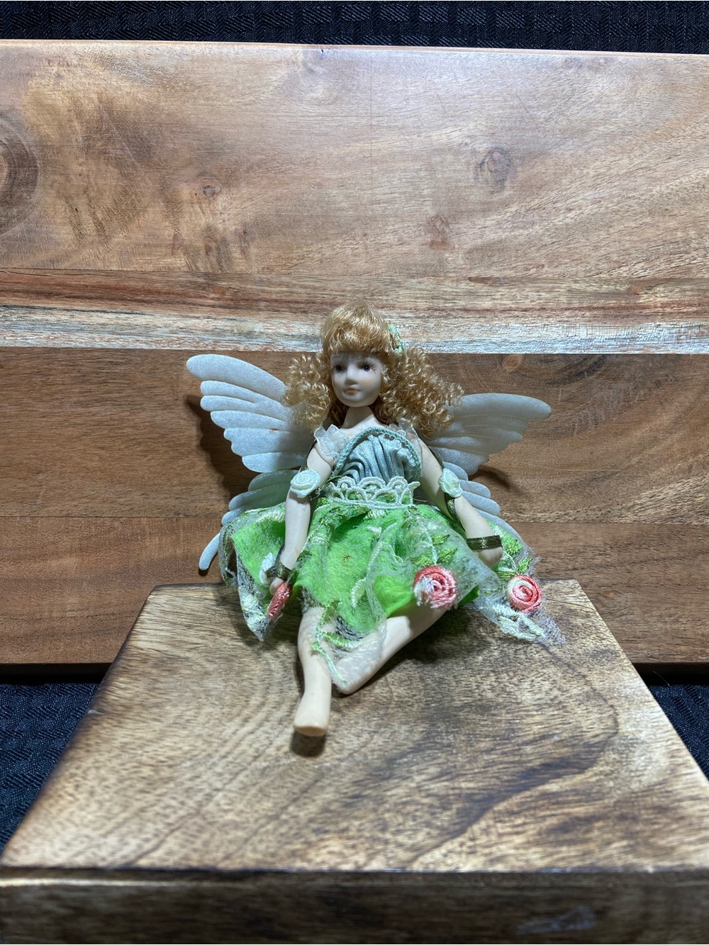 Vintage Handheld Porcelain Jointed Fairy Figurine in Lime Green Dress with Wings